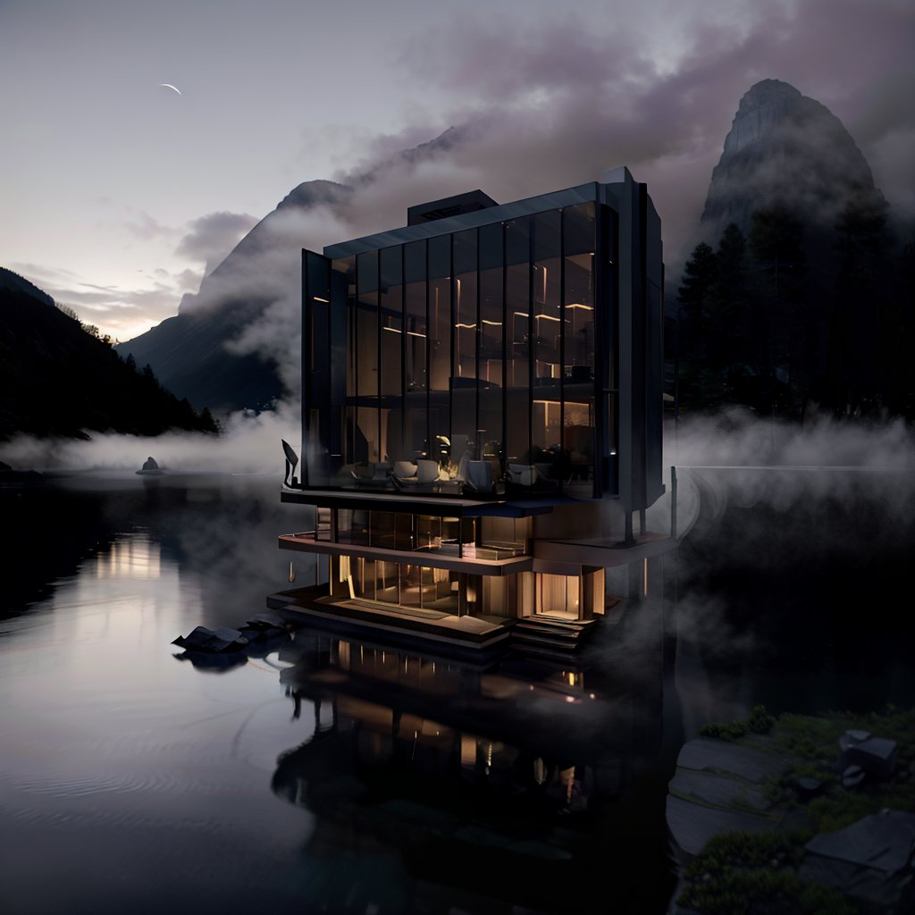 A nighttime scene featuring a ten-story hotel with a serene lake in the foreground and misty mountains in the background. The hotel stands illuminated, its facade bathed in warm, ambient lighting that reflects off the calm surface of the lake, creating a tranquil glow. The mountains rise majestically behind the hotel, partially shrouded in mist, adding a mysterious and serene atmosphere to the scene. A winding road encircles the lake, leading up to the hotel, with soft streetlights enhancing the peaceful nighttime mood. The overall composition blends the illuminated hotel with the natural beauty of the lake and mountains, creating a harmonious and inviting nightscape.