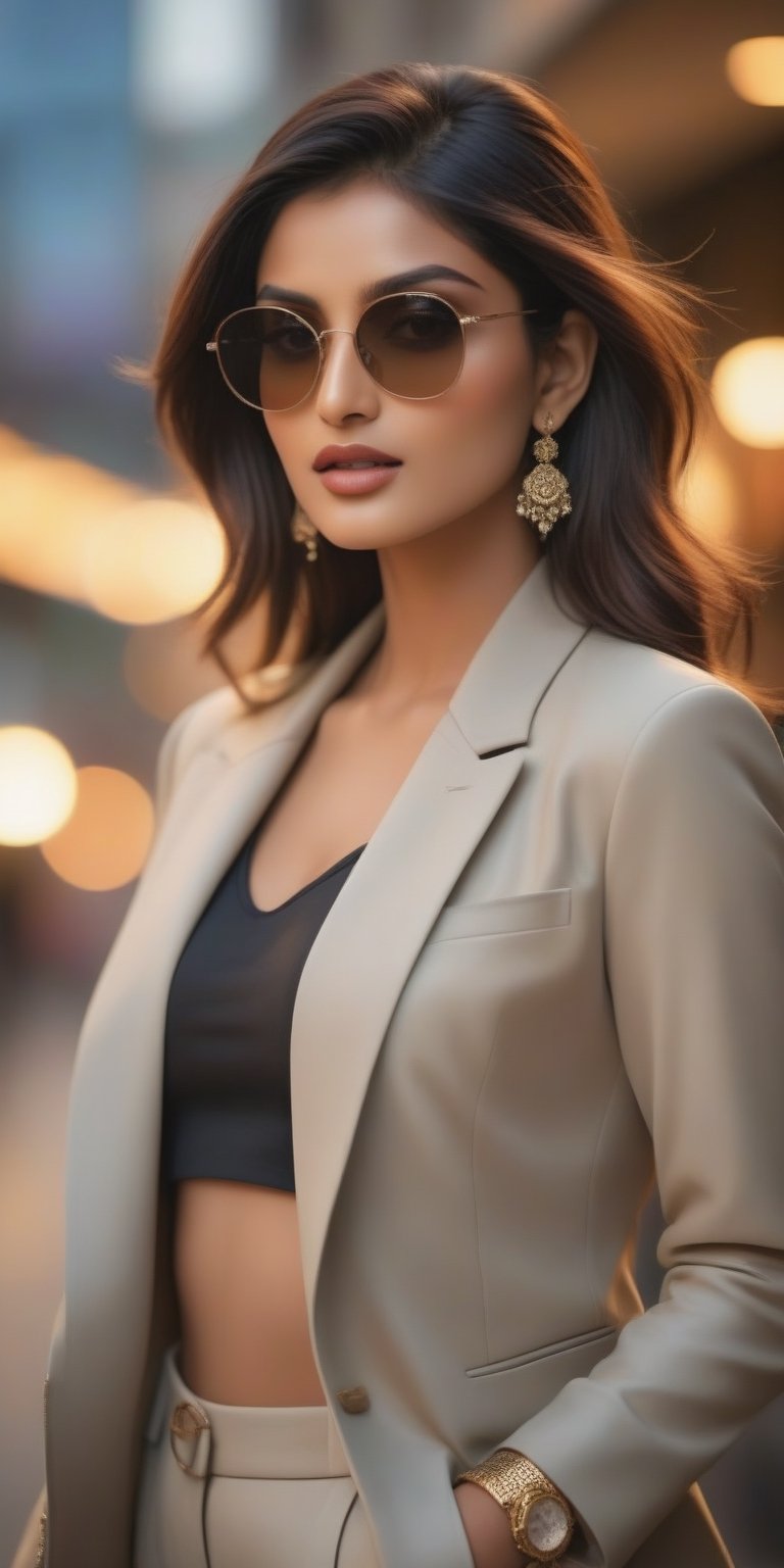 (masterpiece, high quality, 8K, high_res:1.5), photorealism in handpainted style, stylish and elegant, 
fashion photoshot, model pose, 
beautiful indian supermodel, long stylish haircut, sfw_nudity, naked jacket, jewerly, seductive and aesthetic, hat and sunglasses, office district background,
soffit lighting, sharp focus, trending on fashion magazines, popular in social media, accurase detailes,fflixmj6,Indian Model,Beautiful Instagram Model