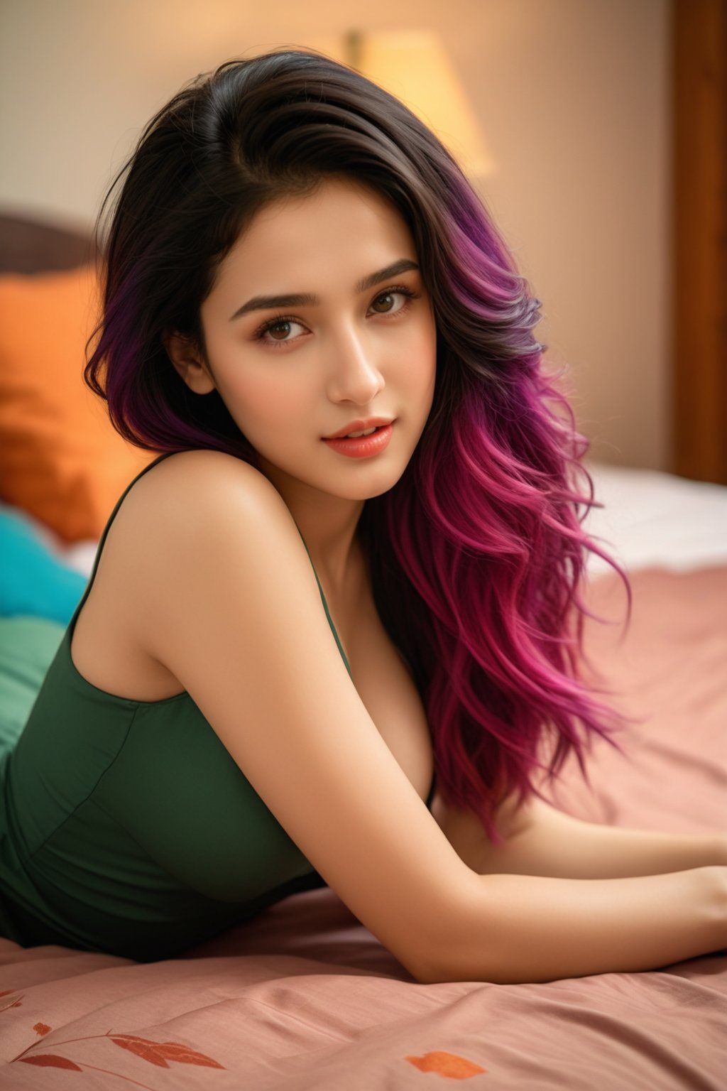 (majestic:1.5), hyper realistic, highly detailed, uhd:1.3, RAW photo, A vibrant teenage  army girl, 18 years old, very fair complexion, pale skin:1.3, ( kriti sannon:1.2), (shraddha kapoor:0.8), cute cleavage visible, perfect natural large-medium breasts, with long black hair, detailed and shinning glossy lips, detailed nose, detailed teeth, detailed glossy lips, sits cozily on a warm-toned bed  in her bedroom, cushion, pillows, satan bed sheet, seductive pose, flirty, . Her colourful hair takes center stage as she dances playfully, her eyes sparkling with joy.The soft lighting and rustic wooden flooring create a cozy atmosphere, while the army take off her uniform,cap,smile ,full body view, adds a pop of vibrancy to the scene., extremely detailed surroundings, intricately detailed, very natural, very photorealistic , full-body_portrait