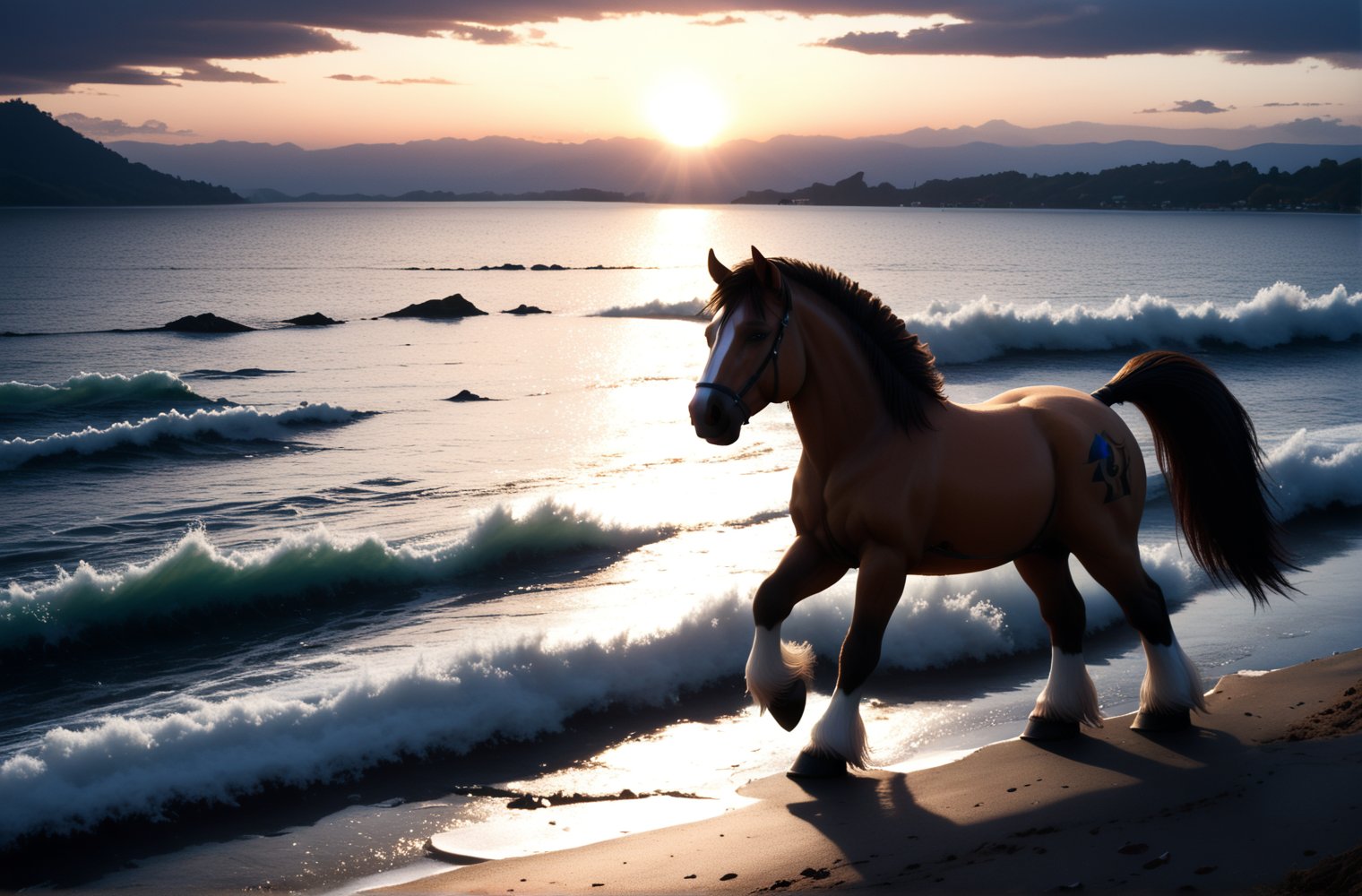 Abstract painting of a Highly detailed hyper realistic brown 2 horse running on ocean water ,Broken Glass effect, naturel sun shine sky_blue sky background, stunning, something that even doesn't exist,, from view of a perfect horse, a living woods against a backdrop fog, standing majestically, illuminated, focused on the character,  , sunlight,1 girl ,realistic,h0rs3_p3nis,facial expression