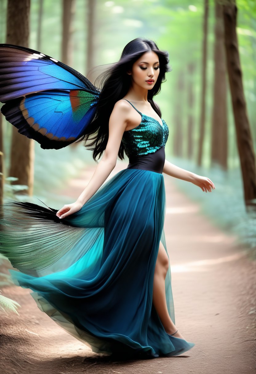 flying girl like a butterfly , flying in forest, colored wing, masterpiece, realistic, raw photo, 16k, perfect, body, midimum cheast, very long black hair, skirt, peacock feather dress