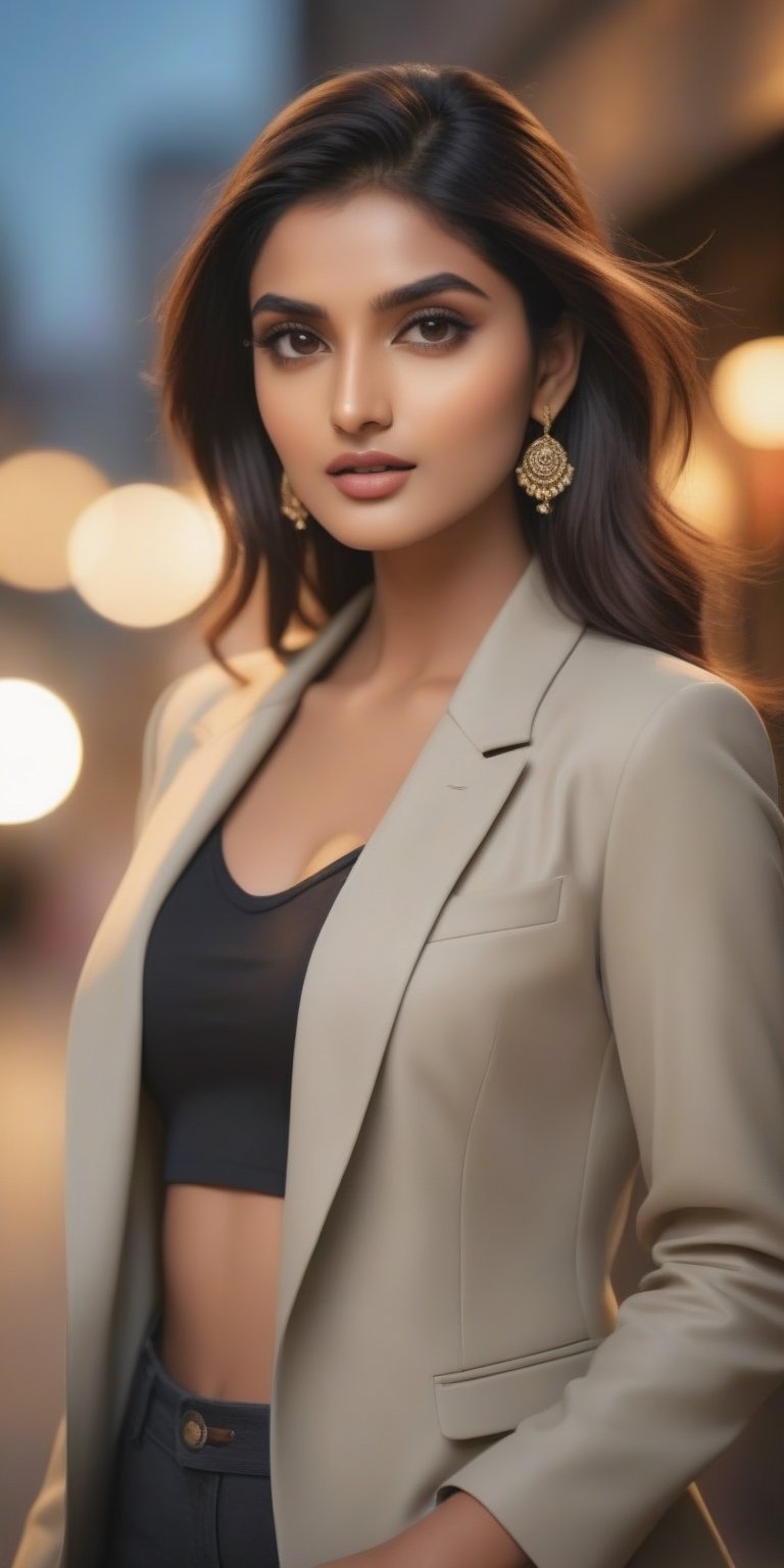 (masterpiece, high quality, 8K, high_res:1.5), photorealism in handpainted style, stylish and elegant, 
fashion photoshot, model pose, 
beautiful indian supermodel, long stylish haircut, sfw_nudity, naked jacket, jewerly, seductive and aesthetic, hat and , office district background,
soffit lighting, sharp focus, trending on fashion magazines, popular in social  media, accurase detailes,fflixmj6,Indian Model,Beautiful Instagram Model