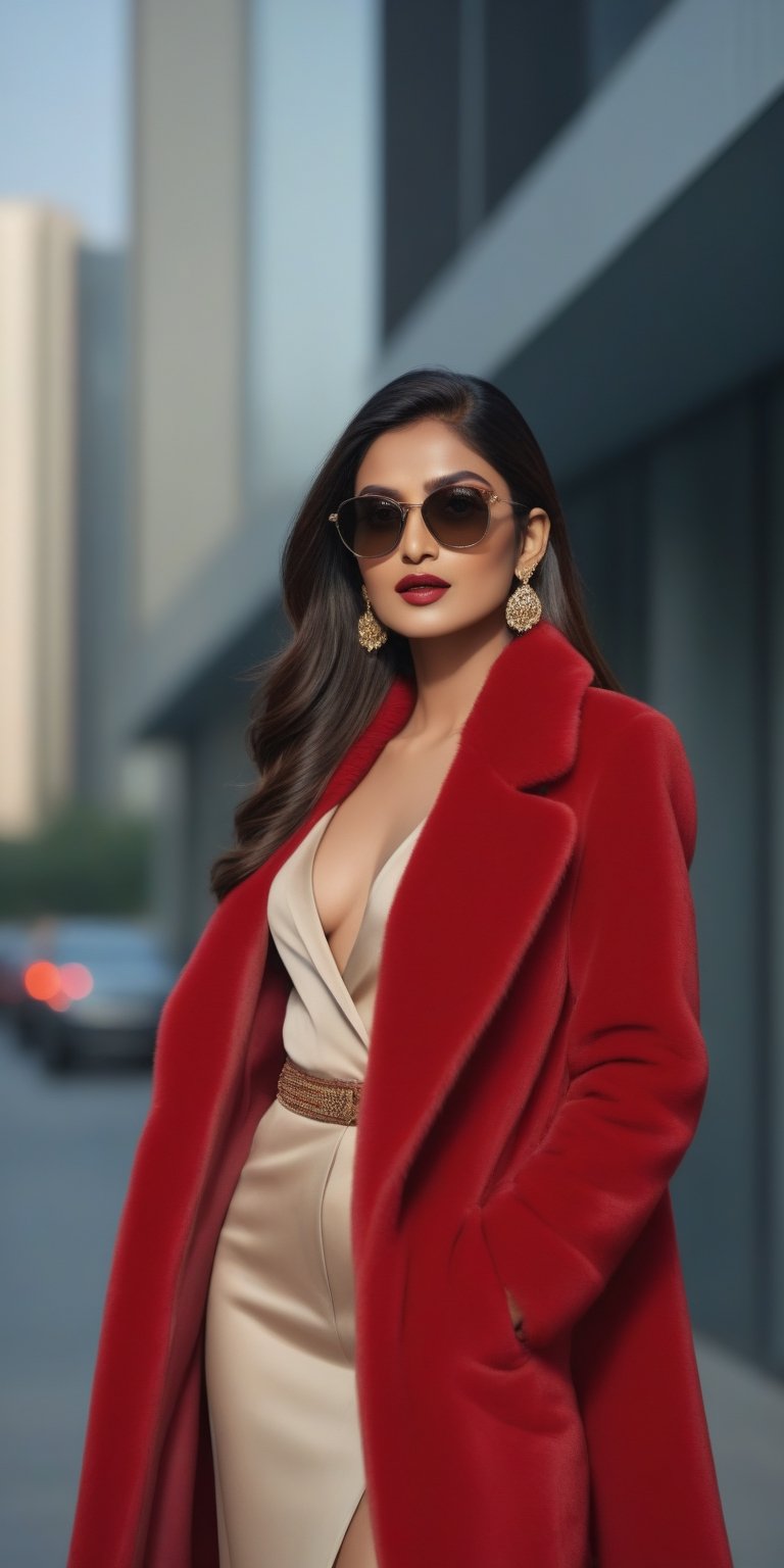 (masterpiece, high quality, 8K, high_res:1.5), photorealism in handpainted style, stylish and elegant, 
fashion photoshot, model pose, 
beautiful indian supermodel, long stylish haircut, red fur suit, naked jacket, jewerly, seductive and aesthetic, hat and sunglasses, office district background,
soffit lighting, sharp focus, trending on fashion magazines, popular in social media, accurase detailes,fflixmj6,Indian Model