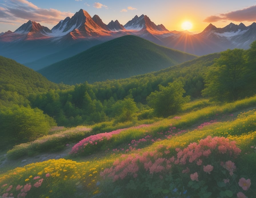 vibrant mountain filled with trees  and flowers with sun rising between mountains