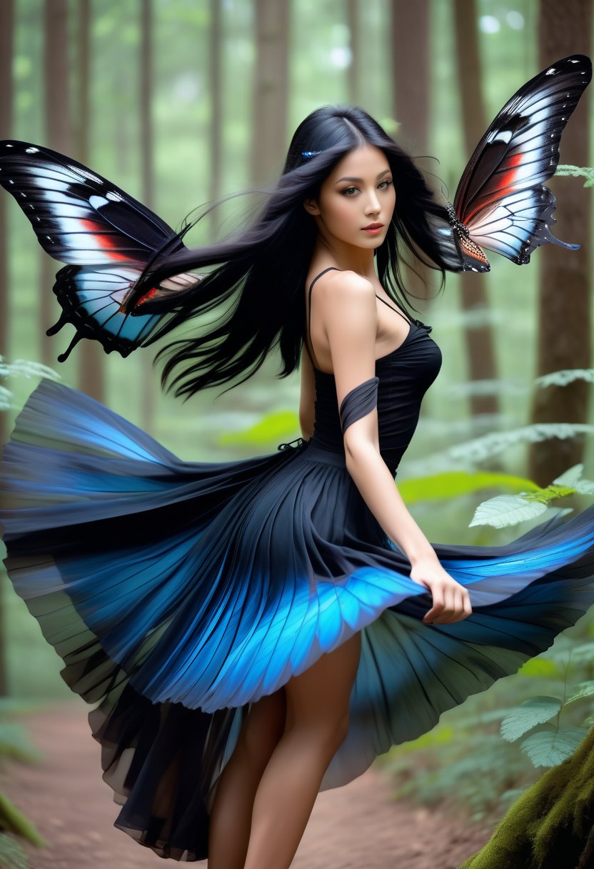 a butterfly flying girl, flying in forest, colored wing, masterpiece, realistic, raw photo, 16k, perfect, body, midimum cheast, very long black hair, skirt, 