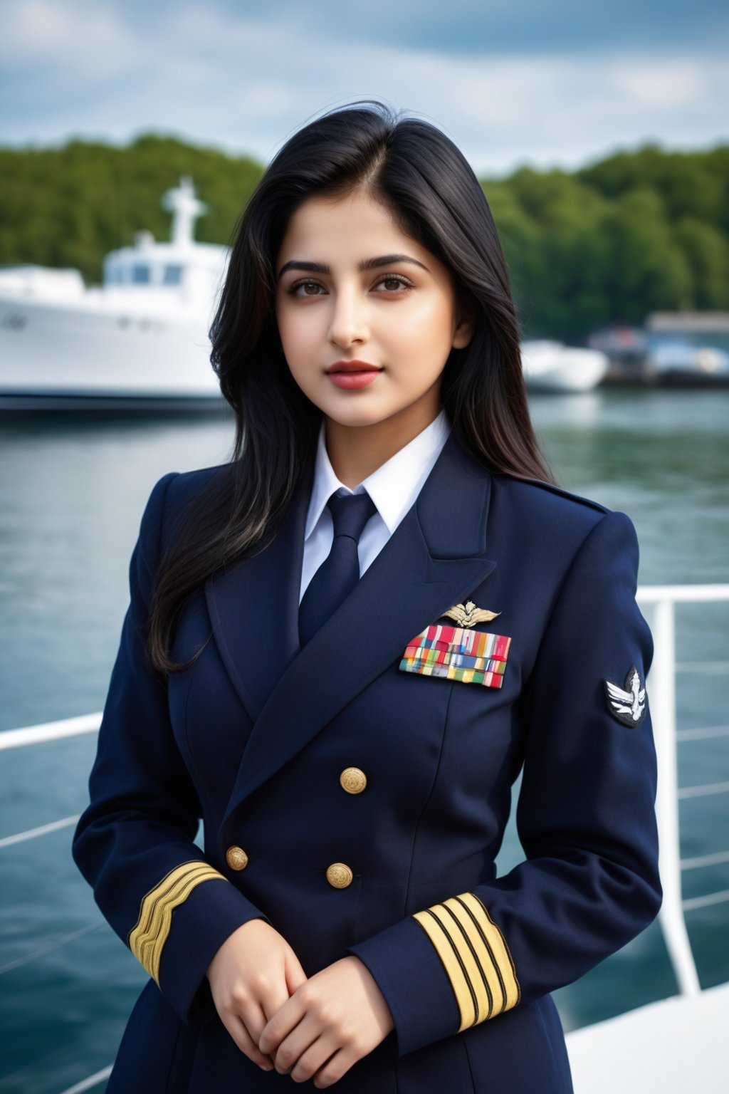 (majestic:1.5), hyper realistic, highly detailed, uhd:1.3, RAW photo, A vibrant teenage  indian navy girl, 18 years old, very fair complexion, pale skin:1.3, ( divya bharti:1.2), (shraddha kapoor:0.8), , perfect natural extra large-medium breasts, with long black hair, detailed and shinning glossy lips, detailed nose, detailed teeth, detailed glossy lips, stand   near  large white boat ,holding a cup of tea, seducative pose,  river,lake,reflection \(on lake\),navy boat,girl focus,[cluttered maximalism] BREAK settings: (rule of thirds1.3),perfect composition,studio photo,trending on artstation,depth of perspective,(Masterpiece,Best quality,32k,UHD:1.4),(sharp focus,high contrast,HDR,hyper-detailed,intricate details,ultra-realistic. navy uniform,((navy blue shirt and pants, uppar long coat)),smile ,full body view, adds a pop of vibrancy to the scene. extremely detailed surroundings, intricately detailed, very natural, very photorealistic , full-body_portrait, 