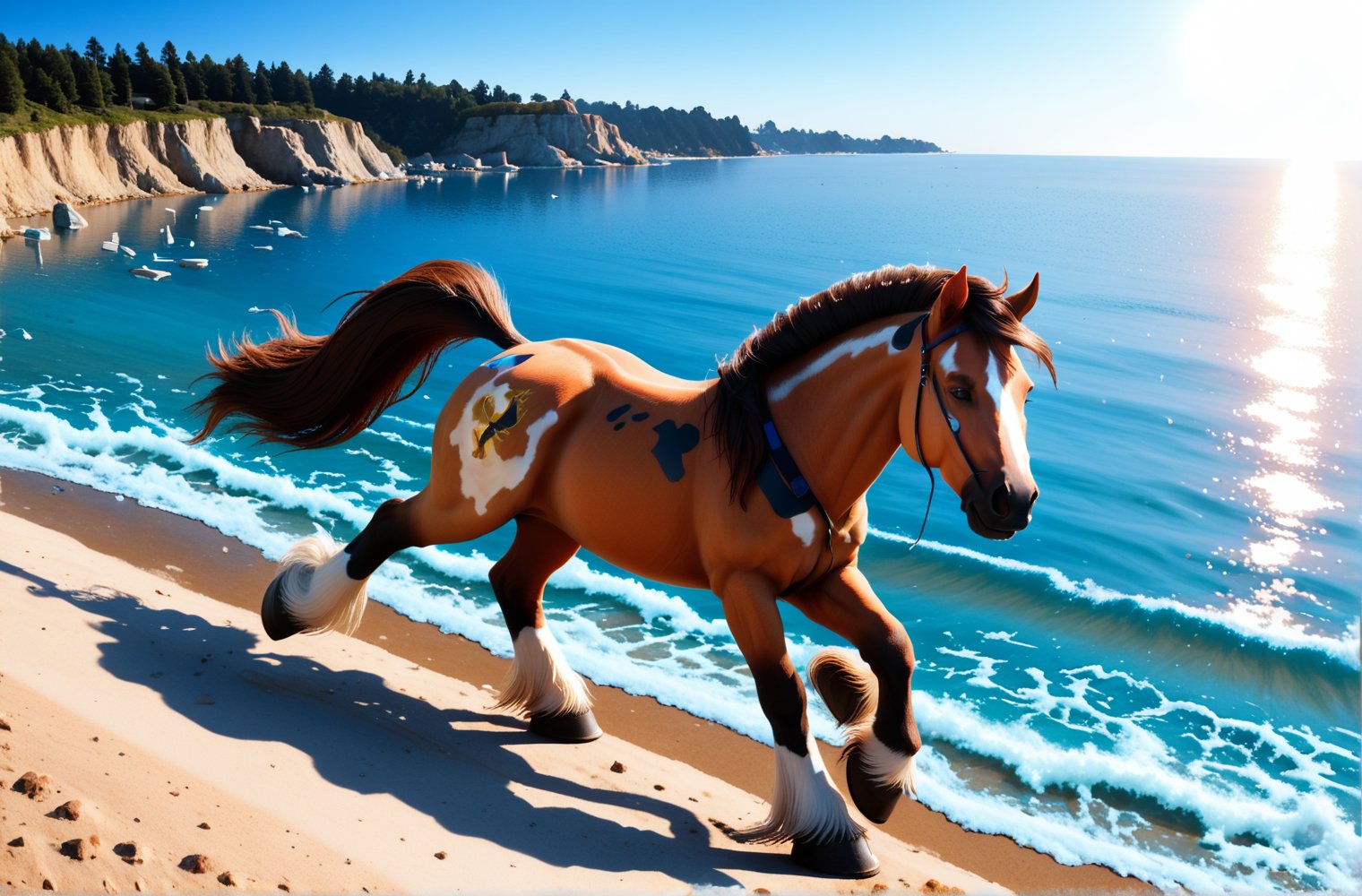 Abstract painting of a Highly detailed hyper realistic brown couple horse running on ocean water ,Broken Glass effect, naturel sun shine sky_blue sky background, stunning, something that even doesn't exist,, from view of a perfect horse,  majestically, illuminated, focused on the character,  , sunlight,1 girl ,realistic,h0rs3_p3nis,facial expression