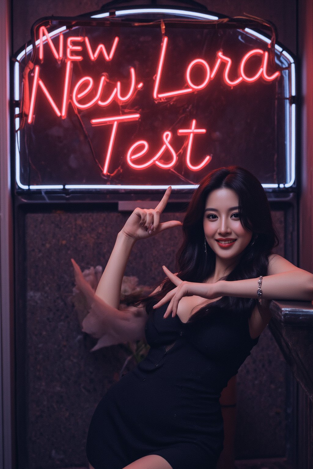 A very beautiful woman is pointing at the viewer and smiling, pointing at a large neon sign that says "New Lora Test". The background is dark gothic  with  dark tones in a Japanese style. Detailed texture, high quality, high resolution, high precision, realism, color correction, good lighting settings, harmonious composition, Behance work, watercolor, text, the text is "",ct-kjbp,ct-muun