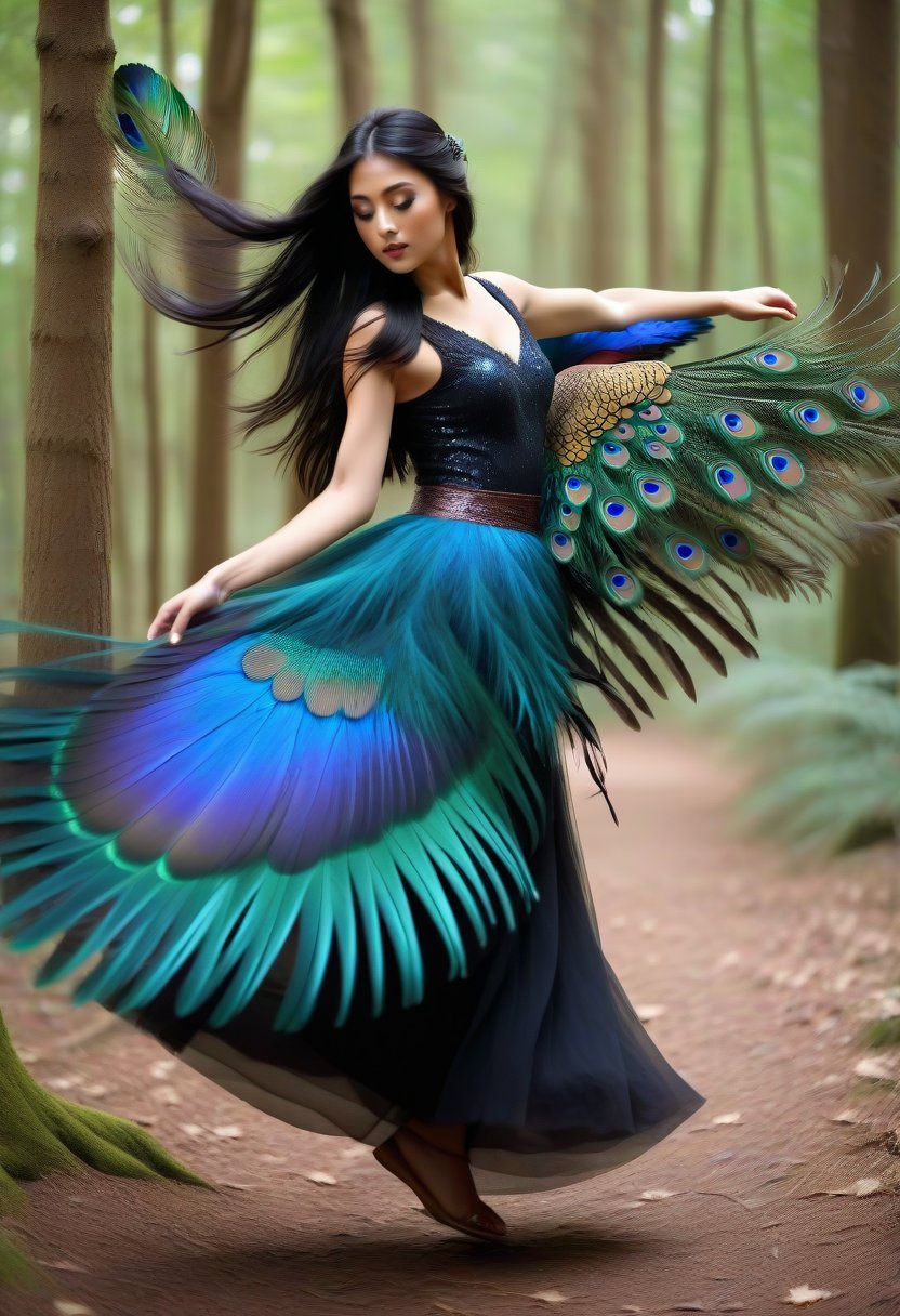 flying girl  , flying in forest, girl with colored wing, masterpiece, realistic, raw photo, 16k, perfect, body, midimum cheast, very long black hair, skirt, peacock feather dress