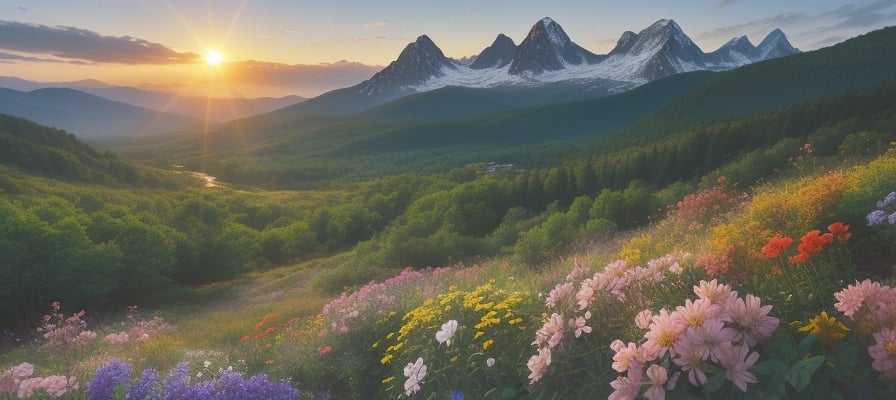 vibrant mountain filled with trees  and flowers with sun rising between mountains