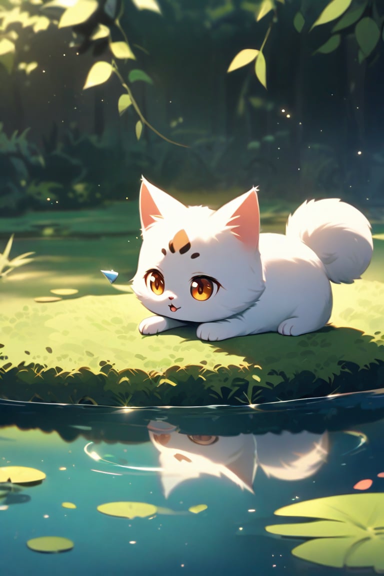 In a serene, misty morning scene, an adorable kitten perches on the edge of a tranquil pond, its curious eyes fixed intently on the shimmering fish swimming within inches. The sunlight casts a warm glow on the surrounding foliage, with subtle ripples distorting the water's surface as the fish dart about. The kitten's tiny paws grip the grassy bank, while its fluffy tail twitches with excitement.