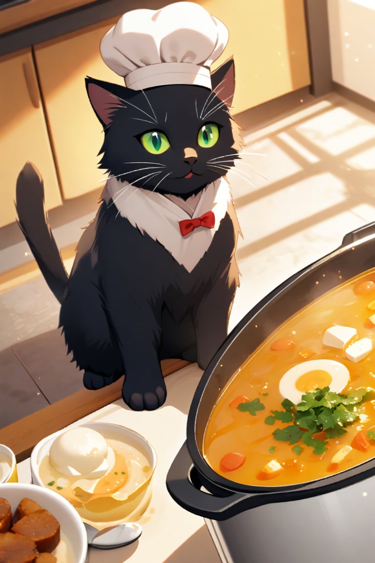 In a warm, golden-lit kitchen, a sleek black cat dons a tiny chef's hat and white apron, its piercing green eyes focused on the sizzling pans. With dexterous paws, it stirs a bubbling pot of creamy soup, whiskers twitching with concentration. The camera captures every grainy texture, from the cat's soft fur to the kitchen utensils, in stunning 8K resolution.