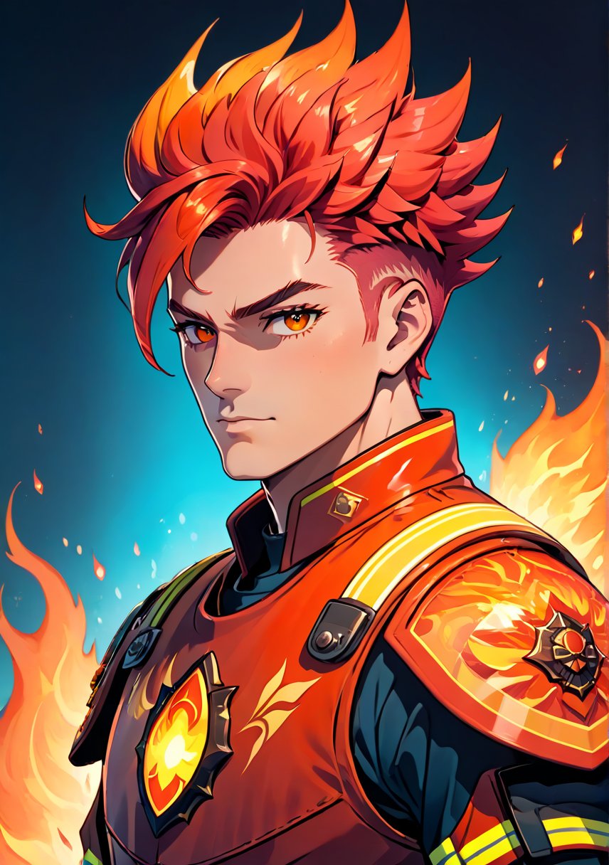 A man with rich terra-cotta skin and eyes that glow like embers. His hair is styled in a fade, short on the sides with longer flame-like spikes on top in shades of red and orange. He wears a firefighter's uniform reimagined as high-tech armor, with heat-resistant panels and built-in water cannons on the forearms.