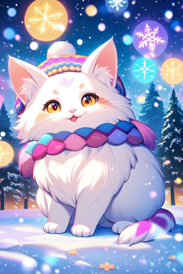 The cutest fluffy fantasy Disney Cats, wear colorful fluffy warm clothes and pale knitted hat background, it is snowing gently in moonlight reflections in the winter forest, swirls of snowflake particles fantasy snow, 8k