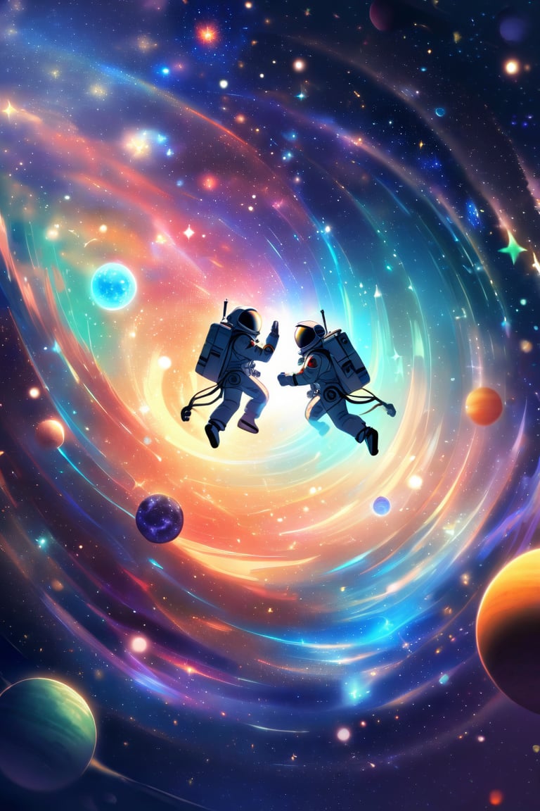 Astronauts float amidst a swirling galaxy, their spacesuits glistening in soft, blue-green light. Zero gravity allows for an unprecedented chess battle: pieces suspended mid-air as the two astronauts make strategic moves, their faces intense with focus. The starry background and distant planets create a cosmic landscape, underscoring the out-of-this-world competition.