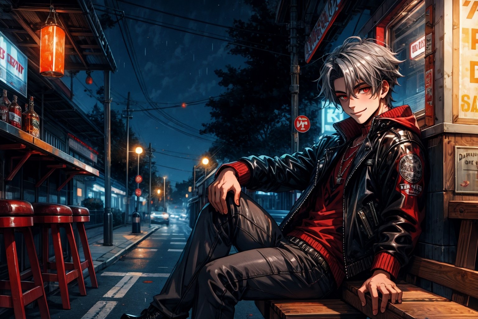 High quality, masterpiece, 1boy, shiny dark silver hair, red_eyes, biker attire, Sitting in a bench outside a roadside bar, with a slight smile, full_body