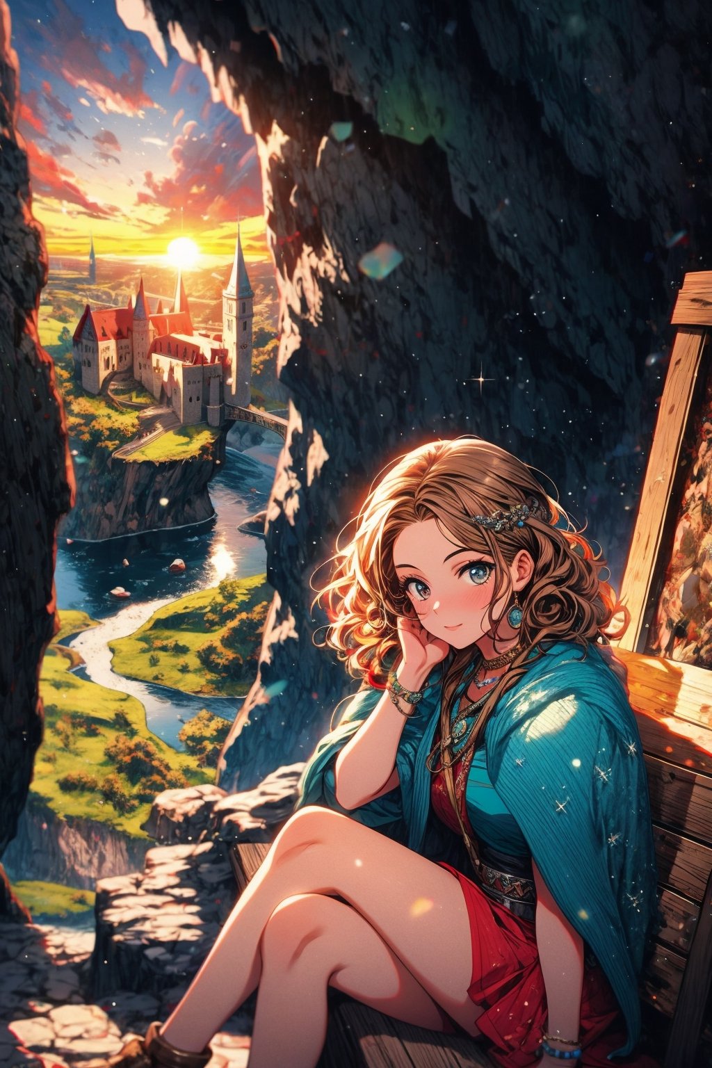 High quality, masterpiece, 1girl, midjourney, eyesgod, niji, perfect light, brigth_green_puppils, curly brown hair, sitting in a cave with shining crystals, viking, in a castle tower with the sunset behind her