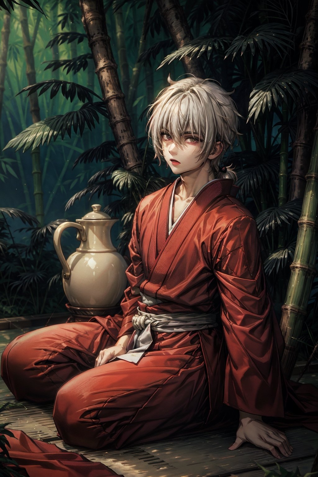 High quality, masterpiece, 1boy, solo_male, 16 year old man, very hot, glowing pale white skin, short blackluster hair, light_red_eyes, marked abdomen, broad shoulders, strong arms,SamuraiXQuiron man,nodf_lora, sitting on the floor holding a jug of sake, bamboo forest as background