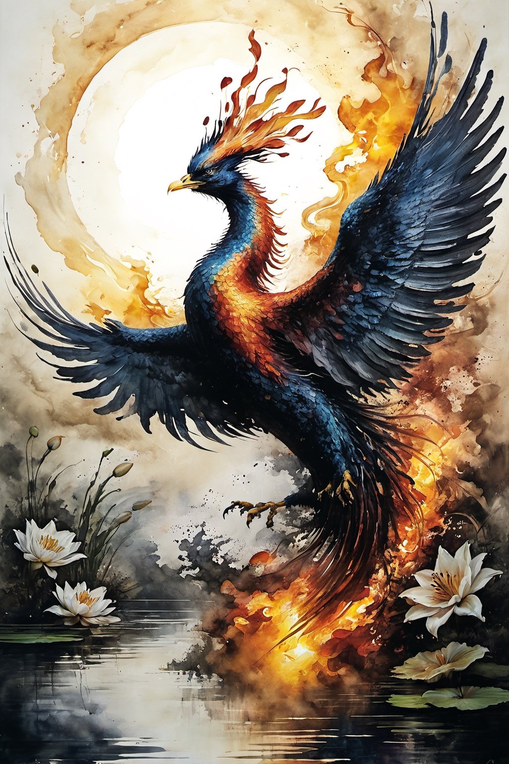 High quality, masterpiece, a phoenix posing from the front with its wings spread to both sides and emitting an intense halo of flames, floating over a lily pond