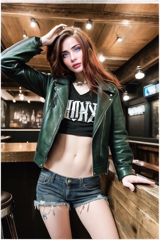 (masterpiece, high quality, 8K, high_res), ((ink drawning and watercolor wash)), grunge style, mystic embience, ultra detailed illustration, incredibly beautiful young woman, ginger hair, green eyes, black leather jacket with punk patches, loose V-neck T-shirt, worn out old jeans, skater sneakers, rock bar background, vampire elements, gothic detailes, relax poses. ,portraitart