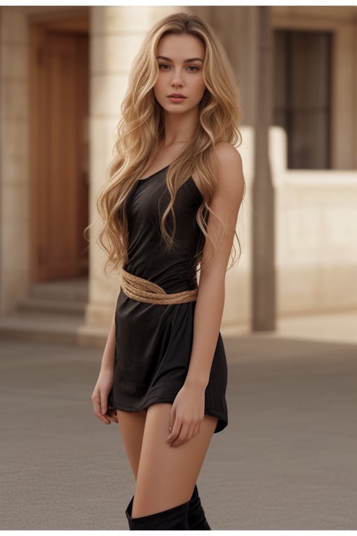 photorealistic beautiful woman, long blonde wavy hair, 