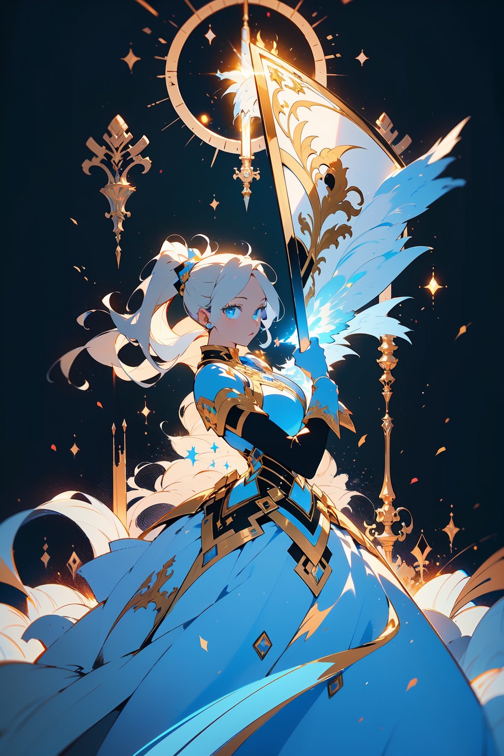 highly detailed, high quality, masterpiece, beautiful (entire plane shot), 
A girl will wear shining golden and whit lion armor. Her hair is pulled back into a blonde ponytail and her eyes are a beautiful light blue shade. He wields  shield and sword