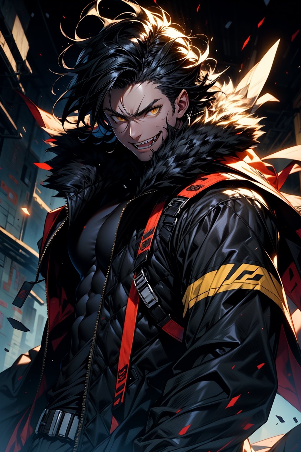 highly detailed, high quality, masterpiece, beautiful (whole body), 
a human boy, white, black hair, yellow eyes, has fangs and claws, and wears a fur suit.