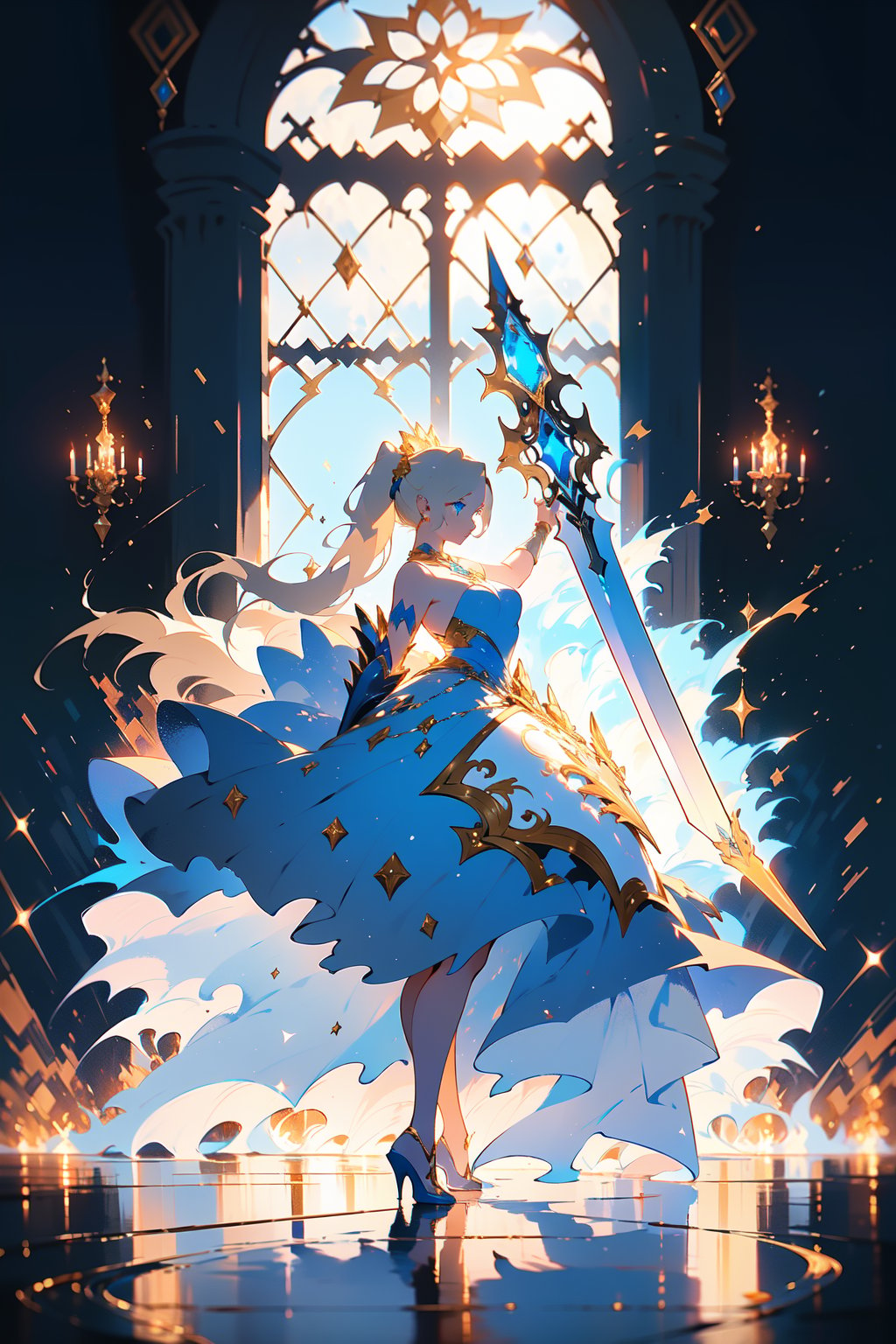 highly detailed, high quality, masterpiece, beautiful (entire plane shot), 
A girl will wear shining golden and whit lion armor. Her hair is pulled back into a blonde ponytail and her eyes are a beautiful light blue shade. She wields  shield and sword,wrenchfaeflare