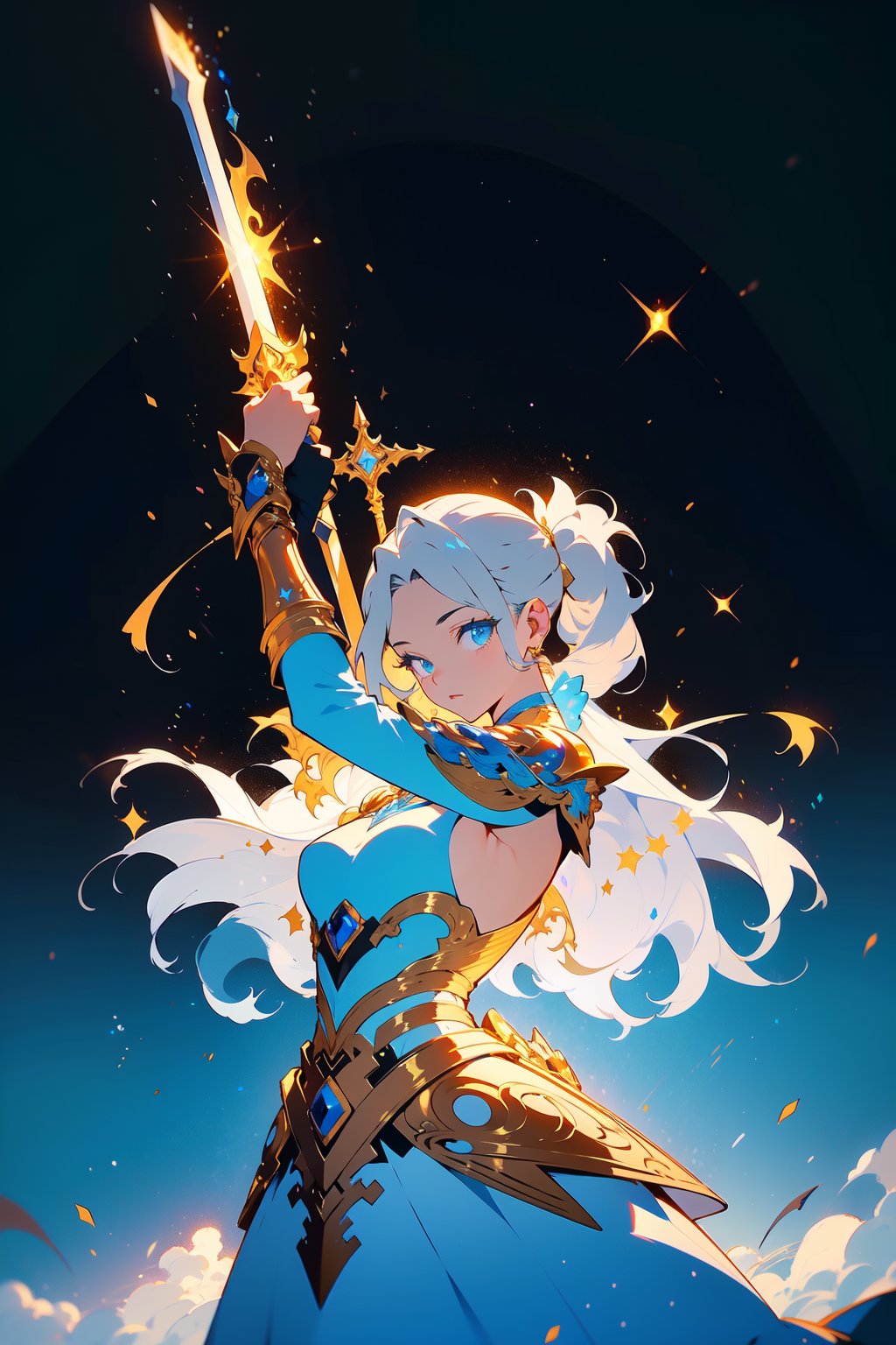 highly detailed, high quality, masterpiece, beautiful (entire plane shot), 
A girl will wear shining golden and whit lion armor. Her hair is pulled back into a blonde ponytail and her eyes are a beautiful light blue shade. He wields  shield and sword