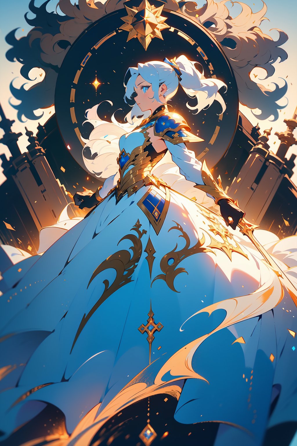 highly detailed, high quality, masterpiece, beautiful (entire plane shot), 
A girl will wear shining golden and whit lion armor. Her hair is pulled back into a blonde ponytail and her eyes are a beautiful light blue shade. She wields  shield and sword,wrenchfaeflare