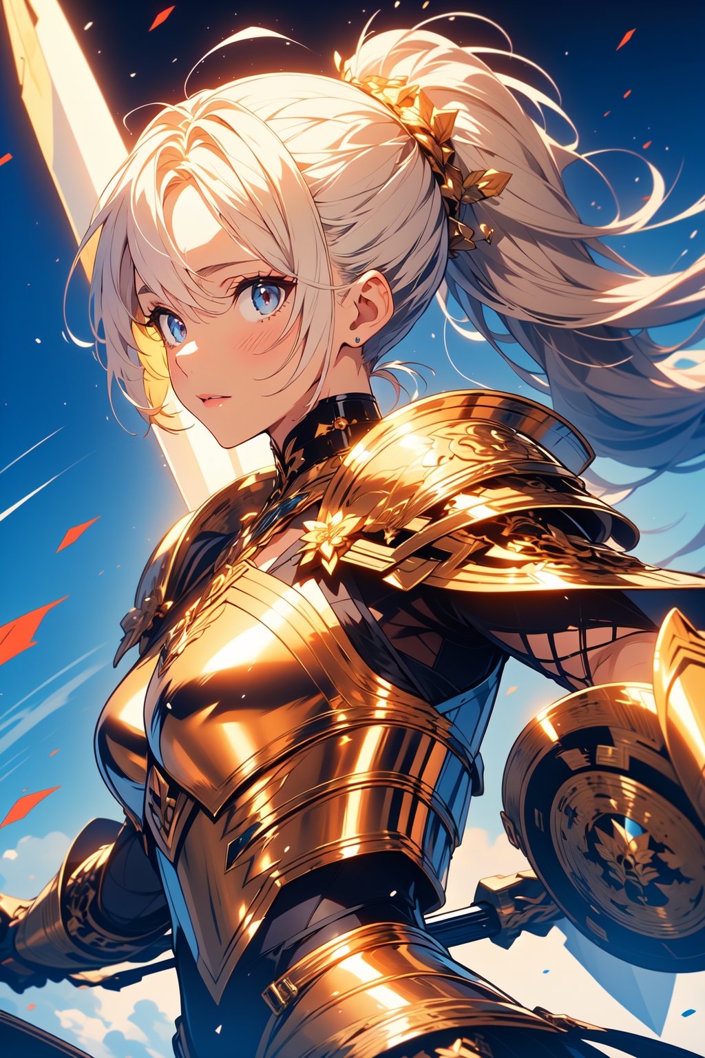 highly detailed, high quality, masterpiece, beautiful (entire plane shot), 
A girl will wear shining golden armor. Her hair is pulled back into a blonde ponytail and her eyes are a beautiful light blue shade. He wields a shield and sword, a defense pose