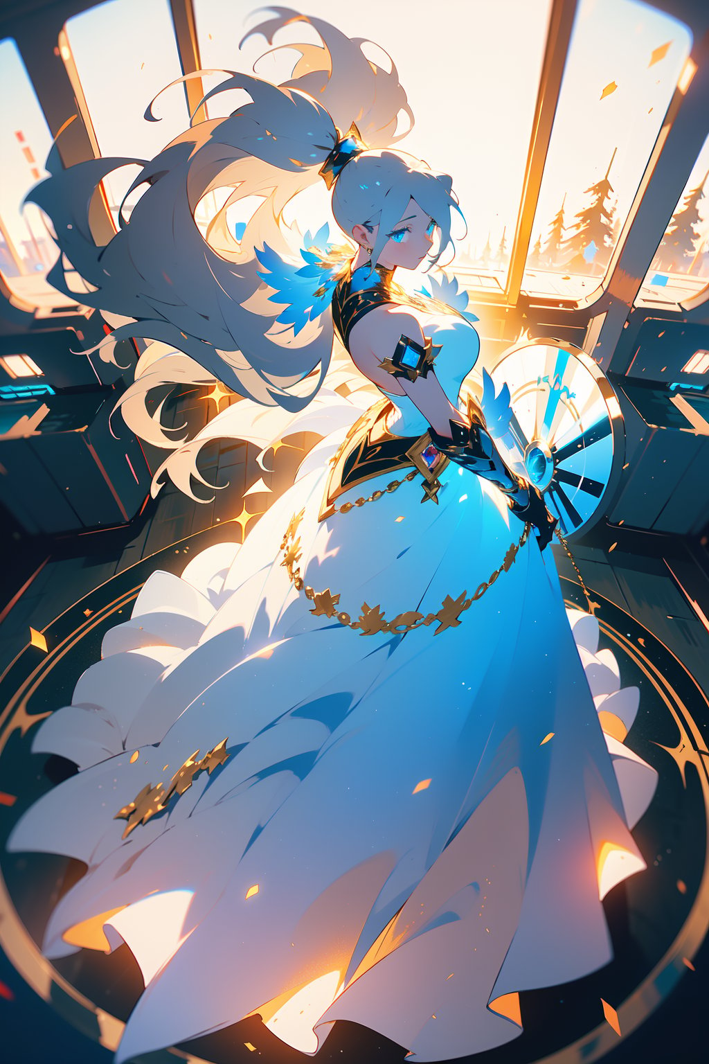 highly detailed, high quality, masterpiece, beautiful (entire plane shot), 
A girl will wear shining golden and whit lion armor. Her hair is pulled back into a blonde ponytail and her eyes are a beautiful light blue shade. He wields  shield,wrenchfaeflare