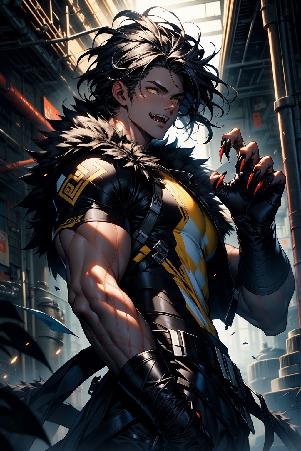 highly detailed, high quality, masterpiece, beautiful (whole body), 
a human boy, white, black hair, yellow eyes, has fangs and claws, and wears a fur suit.