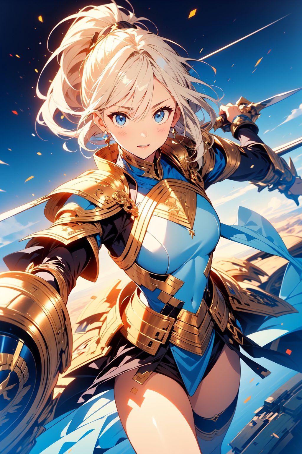 highly detailed, high quality, masterpiece, beautiful (entire plane shot), 
A girl will wear shining golden armor. Her hair is pulled back into a blonde ponytail and her eyes are a beautiful light blue shade. He wields a shield and sword, a defense pose, that is on a plain