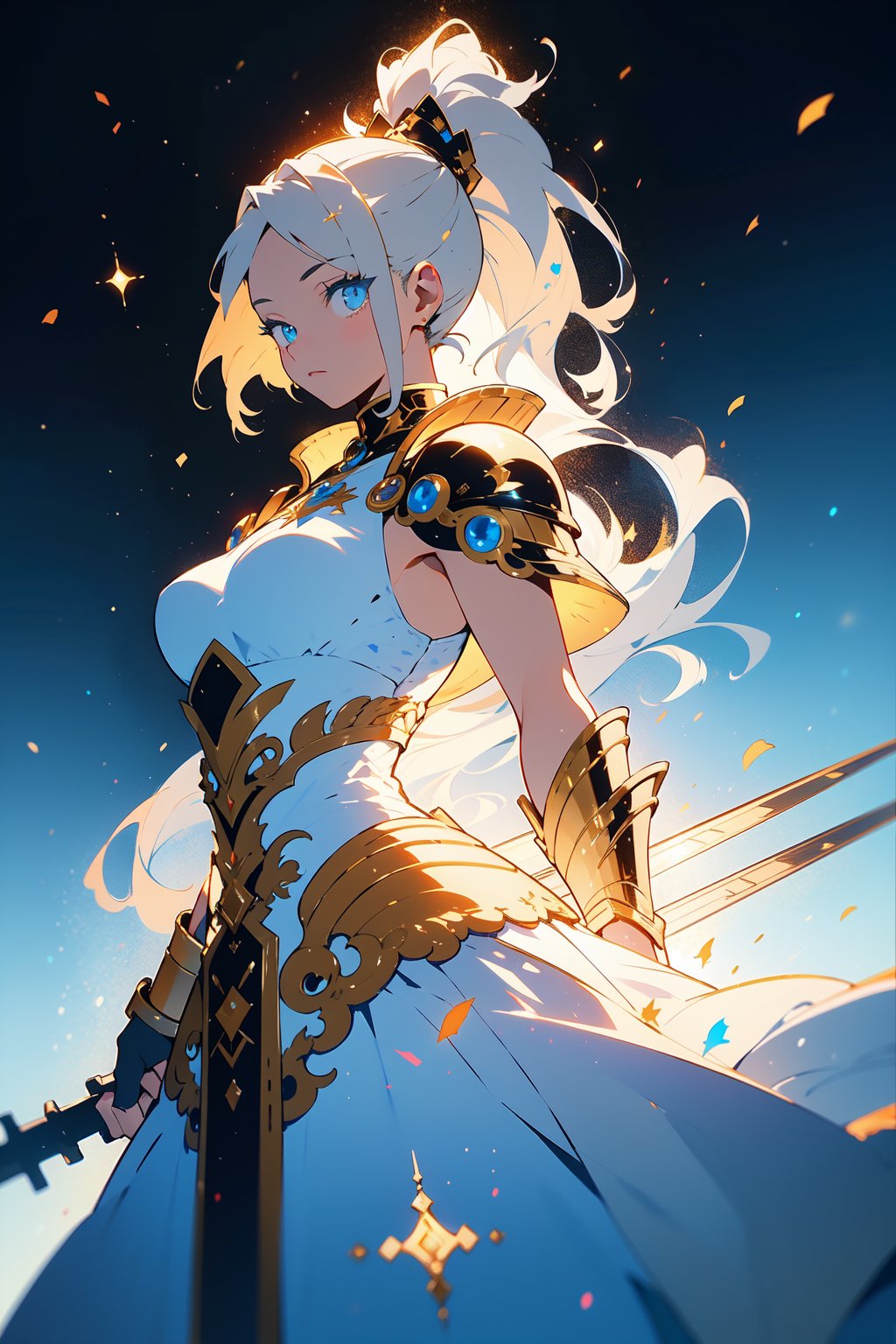 highly detailed, high quality, masterpiece, beautiful (entire plane shot), 
A girl will wear shining golden and whit lion armor. Her hair is pulled back into a blonde ponytail and her eyes are a beautiful light blue shade. He wields  shield and sword