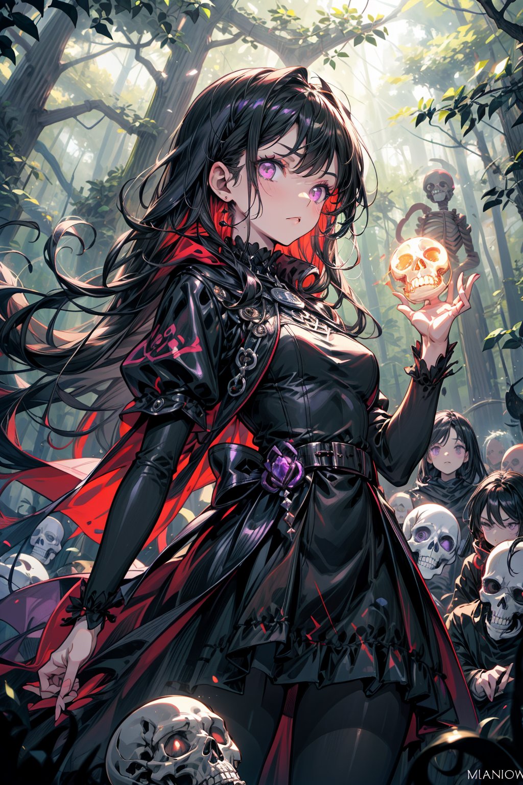 a necromancer girl with black hair, purple eyes, a black dress and powers of darkness, with a serious expression,  she would be summoning skeletons.  se encuentra en un bosque. manos perfectas
se le ve el cuerpo completo