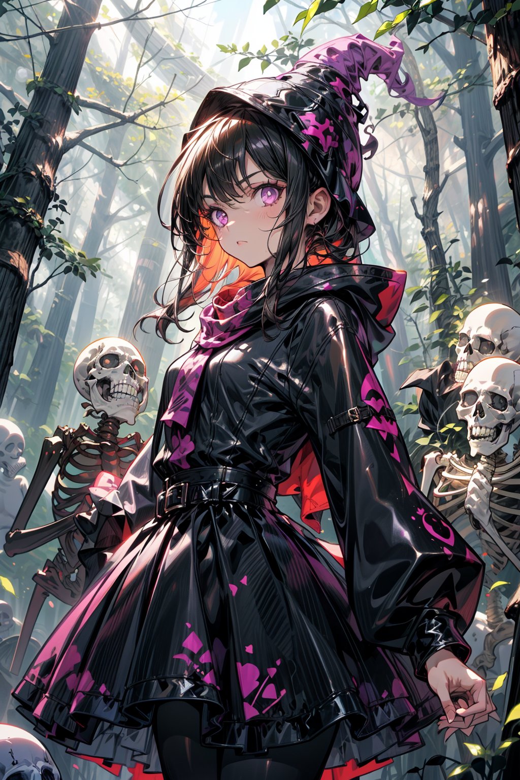 a necromancer girl with black hair, purple eyes, a black dress and powers of darkness, with a serious expression,  she would be summoning skeletons.  se encuentra en un bosque. manos perfectas
se le ve el cuerpo completo