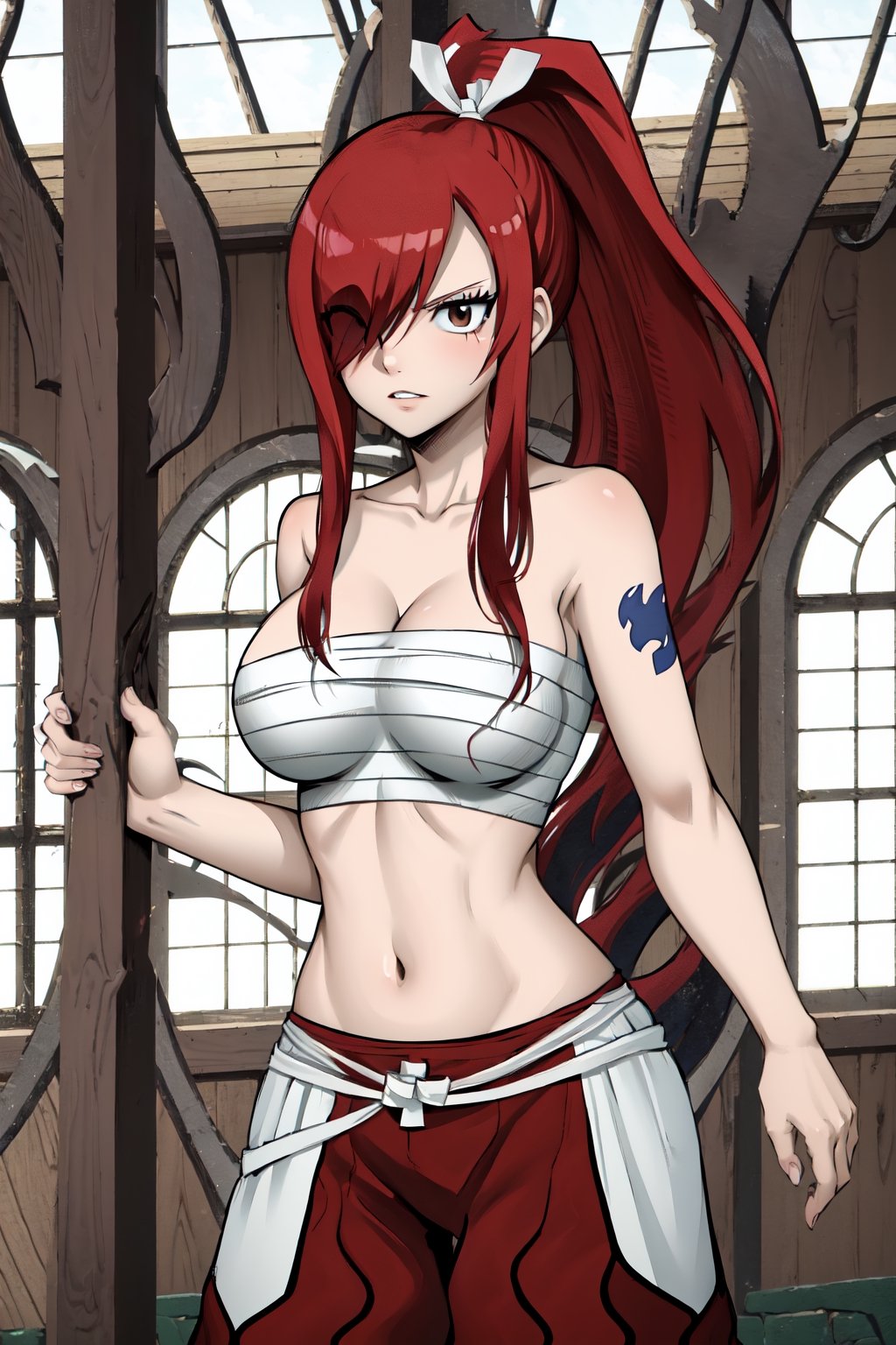 masterpiece, best quality, highres, fairy tail, 1girl, long hair, red hair, ponytail, white ribbon, hair over one eye, brown eyes, large breasts, collarbone, chest sarashi, bandage, bare arms, midriff, red hakama, red pants, cowboy shot, indoors, standing, 