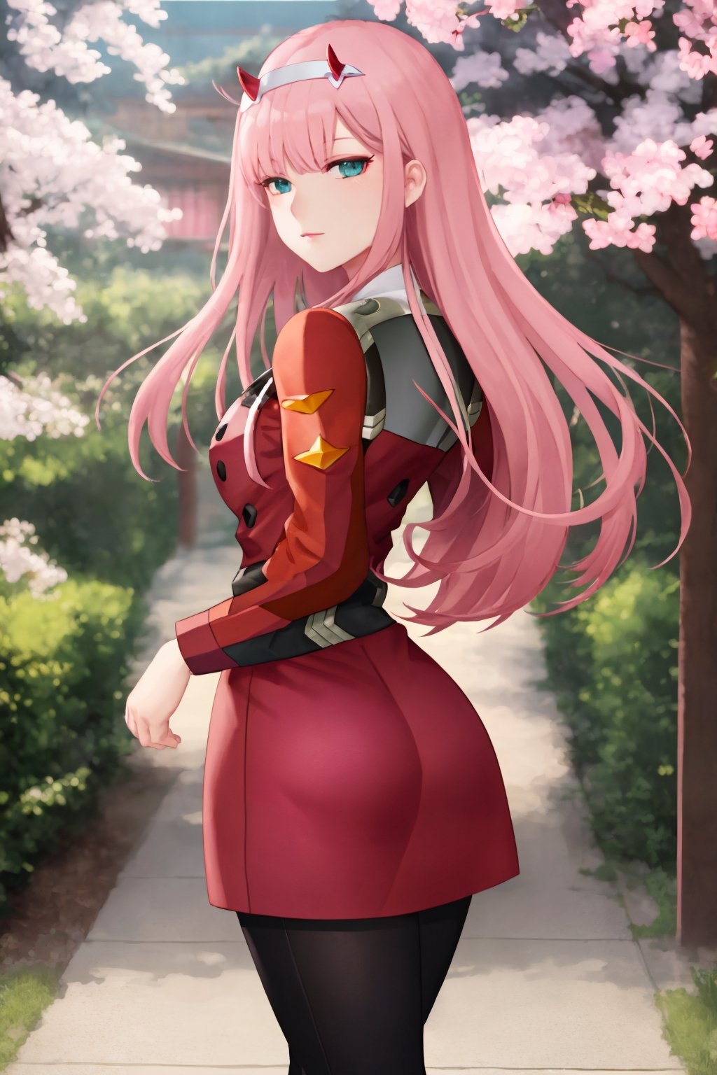 Beautiful, Best quality, 4k, Masterpiece, Perfect Face, Perfect hand, Perfect finger, Perfect, hair, Pose detail, standing, view from behind, looking at viewer, looking behind her, Physical detail, Pink hair, Green eyes, two little pink horn, Clothing,  red military uniform, Black leggings, white boots, Place, Garden with Sakura tree, Character, Zero Two