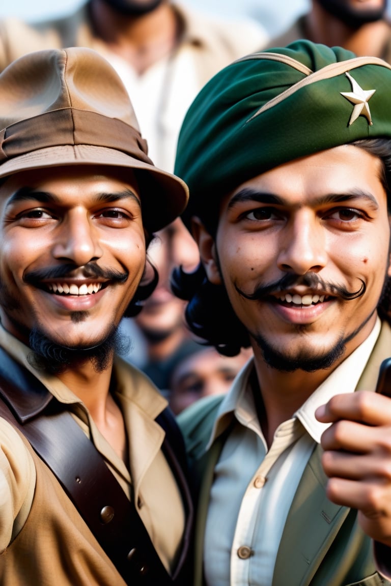 A photorealistic image of Bhagat Singh and Che Guevara taking a selfie together. Bhagat Singh is smiling slightly and holding the phone, while Che Guevara has his arm around Bhagat Singh's shoulder and is laughing. They are both dressed in their iconic attire. The background is blurred, suggesting they are at a rally or event.