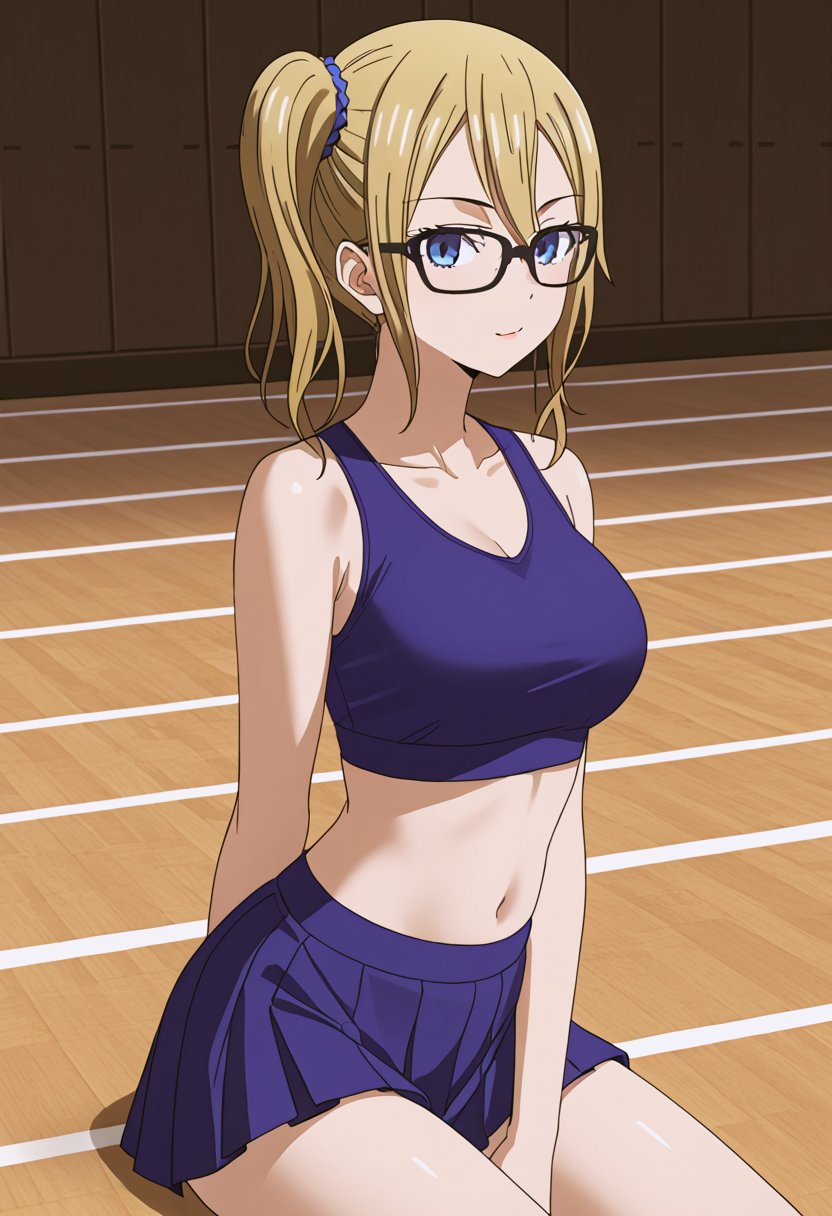 source_anime, ratings_safe, 1girl, Hayasaka Ai, sexy body, looking  at the viewer, anime style, illustration, sports top, skirt, black glasses 