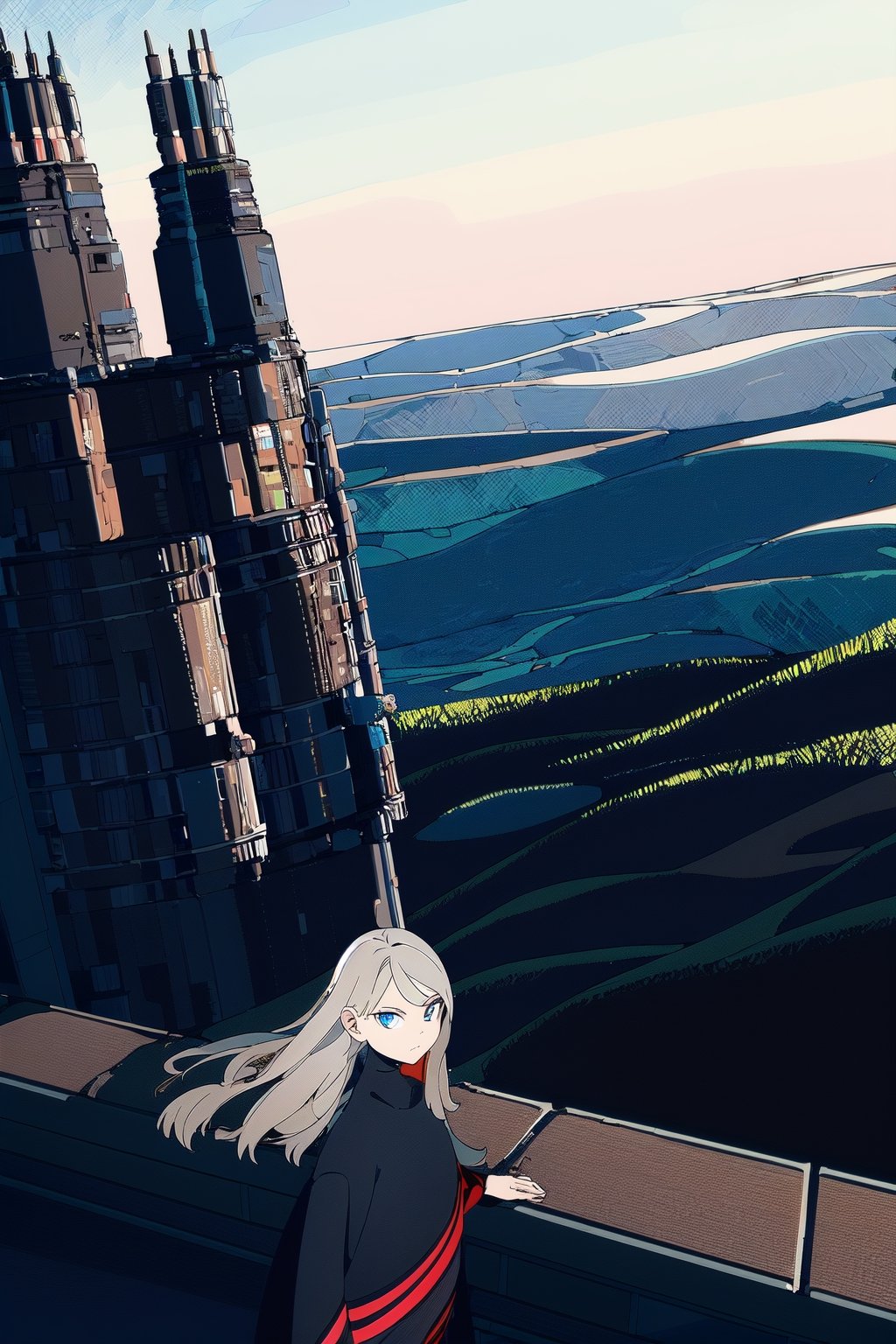 (masterpiece, best quality, high resolution: 1.3), ultra resolution image, (1child), (only), dark futuristic armor, long hair, semi-long hair, black eyes, dark gray sweatshirt, fierce, smug, confident, fantasy , ready to fight, landscape, heroic conquest, majestic, ancient, r1ge, magic kingdom, mythical, infinite sky, grave sword, cold hearted brown eyes