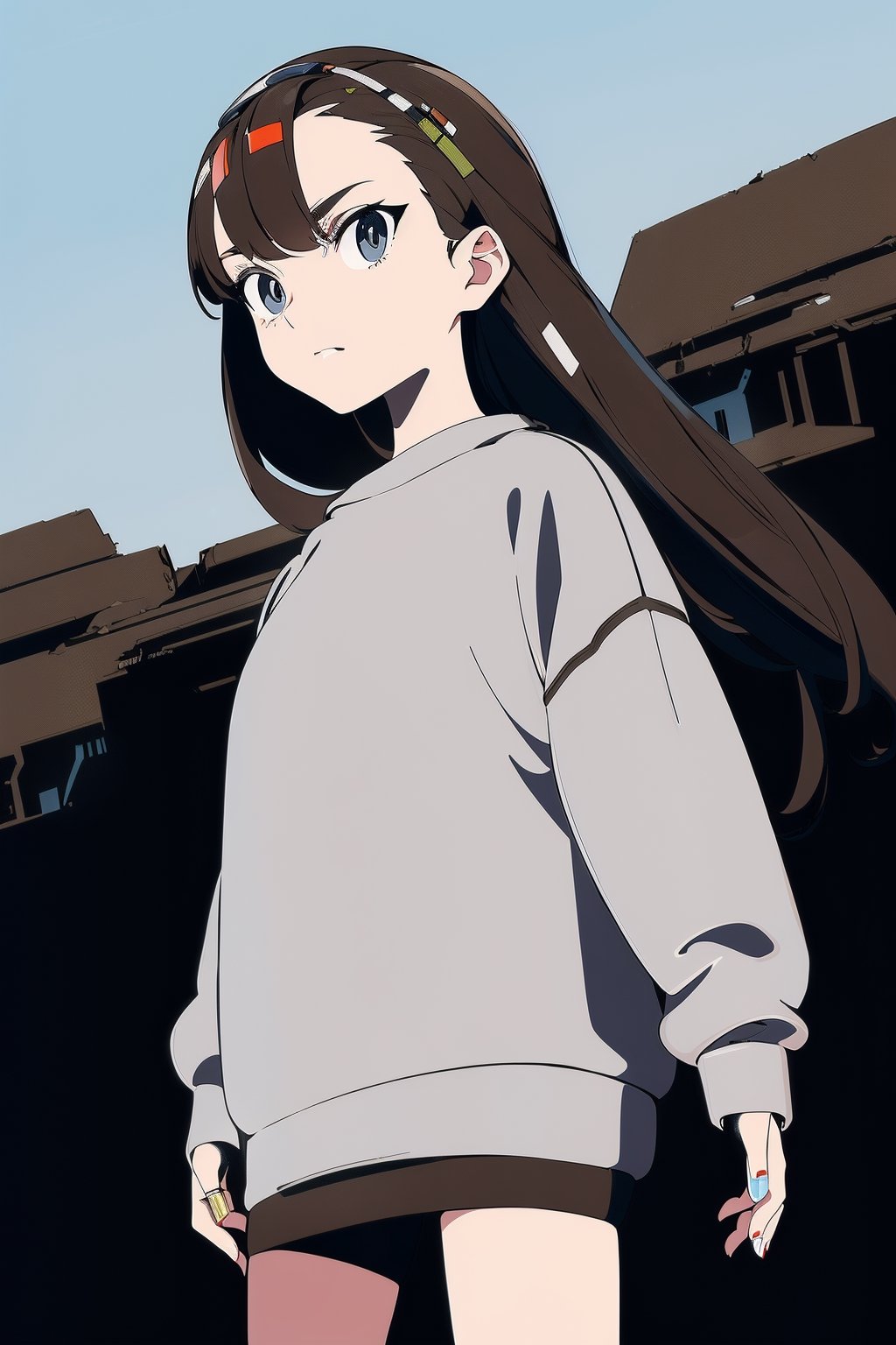 (masterpiece, best quality, high resolution: 1.3), ultra resolution image, (1 child), (only), dark futuristic armor, long hair, semi-long hair, black eyes, dark gray sweatshirt, fierce, smug, confident, fantasy , ready to fight, landscape, heroic conquest, majestic, ancient, r1ge, magic kingdom, mythical, infinite sky, grave sword, cold hearted brown eyes