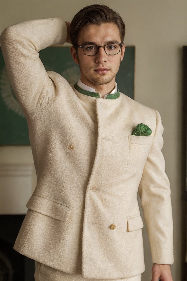 ((best quality)), ((upperbody shot)), ((masterpiece)), ((detailed)), ((4K)), modern portrait man 23 years old with a masculine face and glasses, dressed in an outfit entirely made of cauliflower. His appearance is unique: the suit, meticulously assembled from the white and green florets of cauliflower, includes a jacket, trousersї, green and white colors