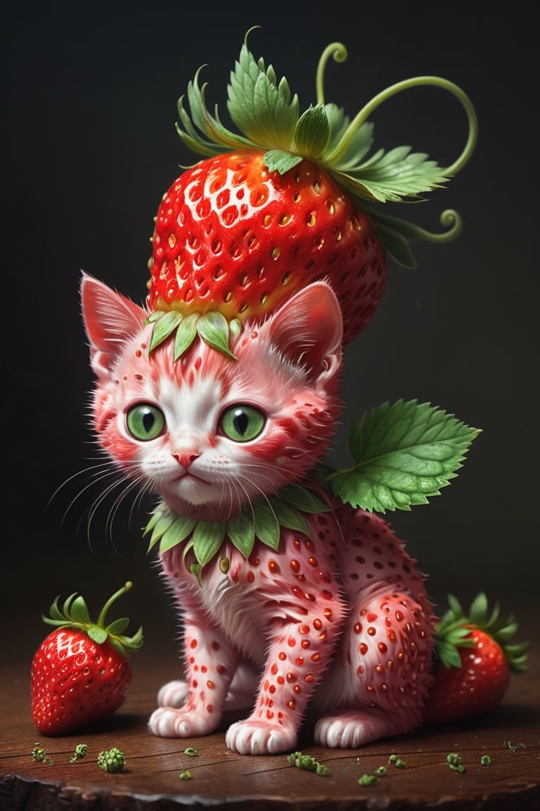 Surreal, otherworldly, weird conceptual art, mind-bending, extravagant, strange painting depicts an image of a whimsical creature that resembles a small kitten with the texture and color of a ripe strawberry. The creature's body and face are covered in strawberry red, with characteristic seed-dotted skin. It has green leaf-like structures mimicking ears and a ruff around its neck, as if the top of a strawberry was placed on its head. This kitten-like entity has round, innocent eyes, a small pink nose, and delicate white whiskers. Its pose is seated, with one paw slightly raised as if it were about to take a gentle step, and its tail curls behind its body, appearing plump and strawberry-like as well. Surrounding the creature are actual strawberries of a similar shade of red and with green caps, scattered on a glossy wooden surface. In the soft-focused background, hints of indoor plants in shadows create an almost ethereal setting. The overall atmosphere is quaint and charming, evoking a sense of magical realism