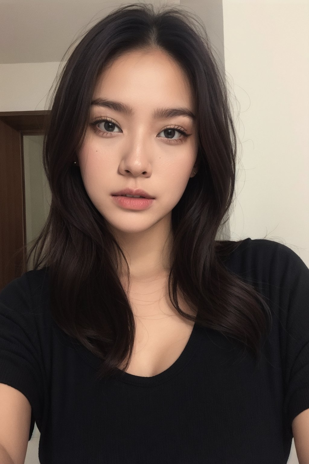 beautiful Asian female, 24 year old asian girl, asian model, korean model, tight t shirt over big boobs, crew neck cotton t shirt, red lips, silky black hair, beautiful face, perfect face, hazel greenish eyes, super large boobs, EE boobs, elegant but simple, perfect girlfriend, instagram model, bold red lips, lipstick,Young beauty spirit ,Extremely Realistic,Perfect lips, ((sexy shiny dark red lips))