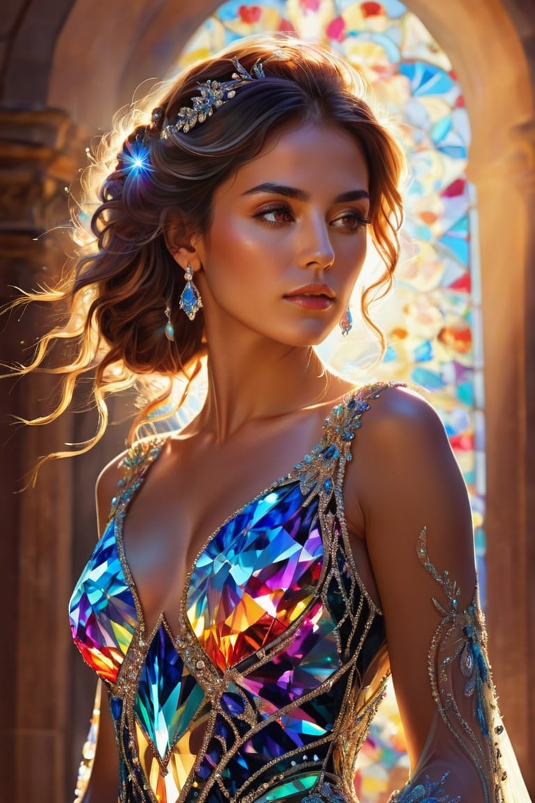 extremely detailed illustration of gorgeous spanish woman with elegant dress, backlit, highly illuminated, colorful crystal, awesome hair, closeup, visually rich, raytraced, whimsical, enchanting, emotionally evocative, detailed environment, fantastical, imaginative, atmospheric, zoomed, flat lighting,