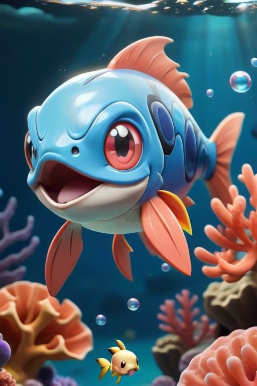 3D Render Style, cartoon canvas, pokemon \(creature\), no humans, fish, underwater, air bubble, swimming, coral