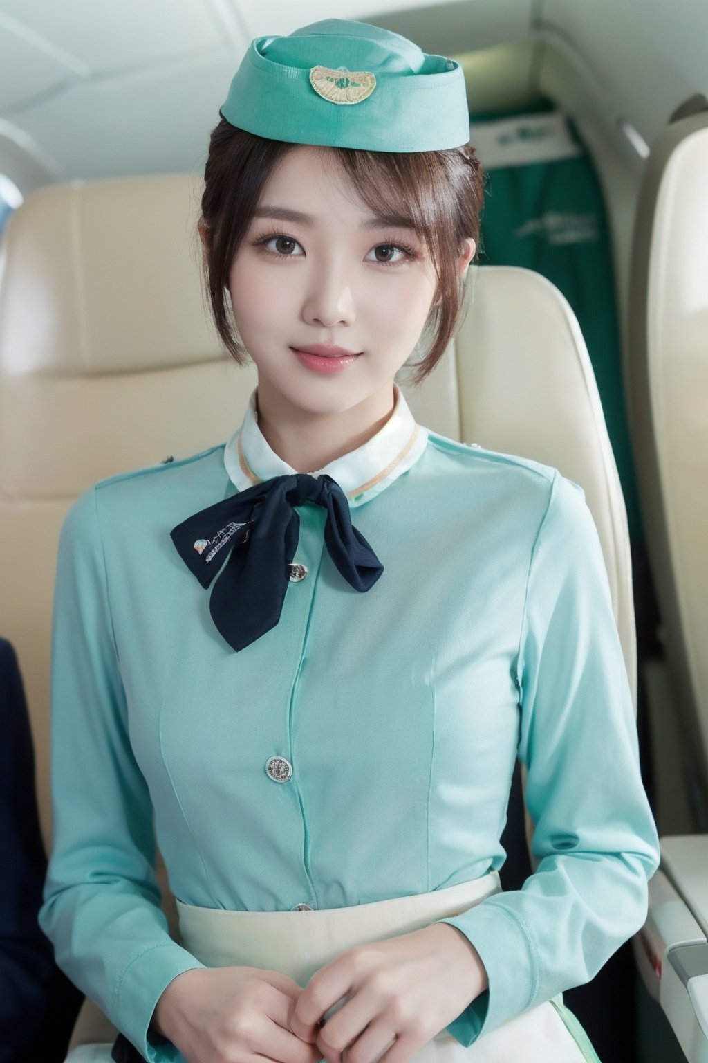 Close up to everything, 16K UHD, (life style:1.4), A french-Taiwanese beautiful Stewardess, super idol face, 24 years old, detailed face, monolid, (bun short haired:1.4), (long-sleeved turquoise green-bue stewardess shirt , white collar, off-white long skirt, black tie:1.4), laying on a plane seat, the light is very bright, spotlight, masterpiece, high quality,(she is wearing a blue-green Stewardess's side cap:1.6),wanpeng, (black pupils:1.2),Seolah,better_hands,Asia,1 girl ,Woman ,solo,imutbgtbos, (full_body shot:1.2)