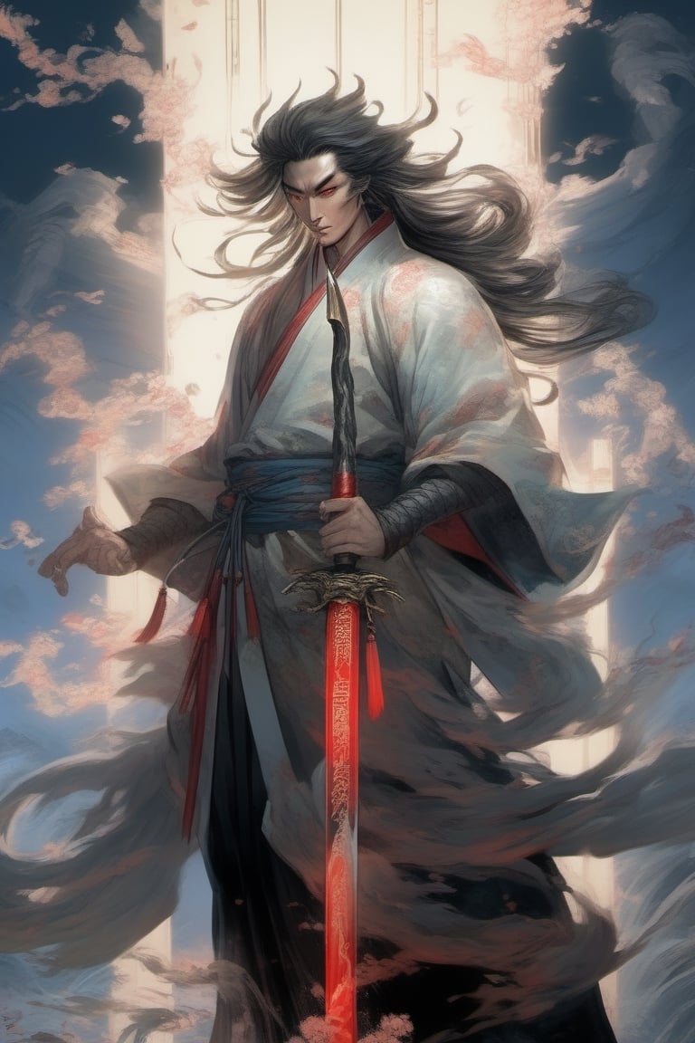 Mysterious Immortal Cultivator, from ancient China, displaying the power of a divine dragon behind him, fluttering his hair, standing on the head of a divine dragon, holding a bright red sword in his hand, with a chilling gaze